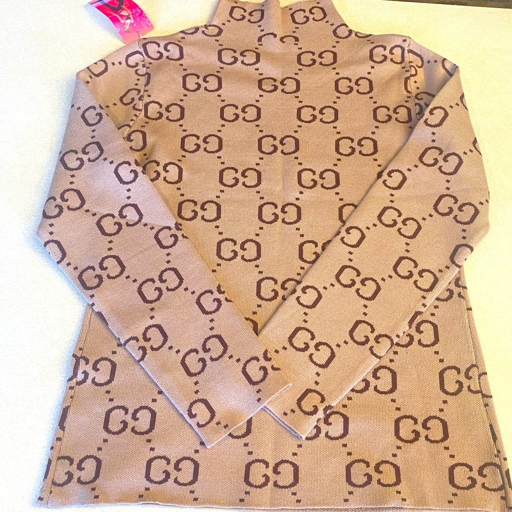 SWEATER: Beige & Brown Stretchy Turtleneck w/Long Sleeves, NWT - Picture 4 of 14